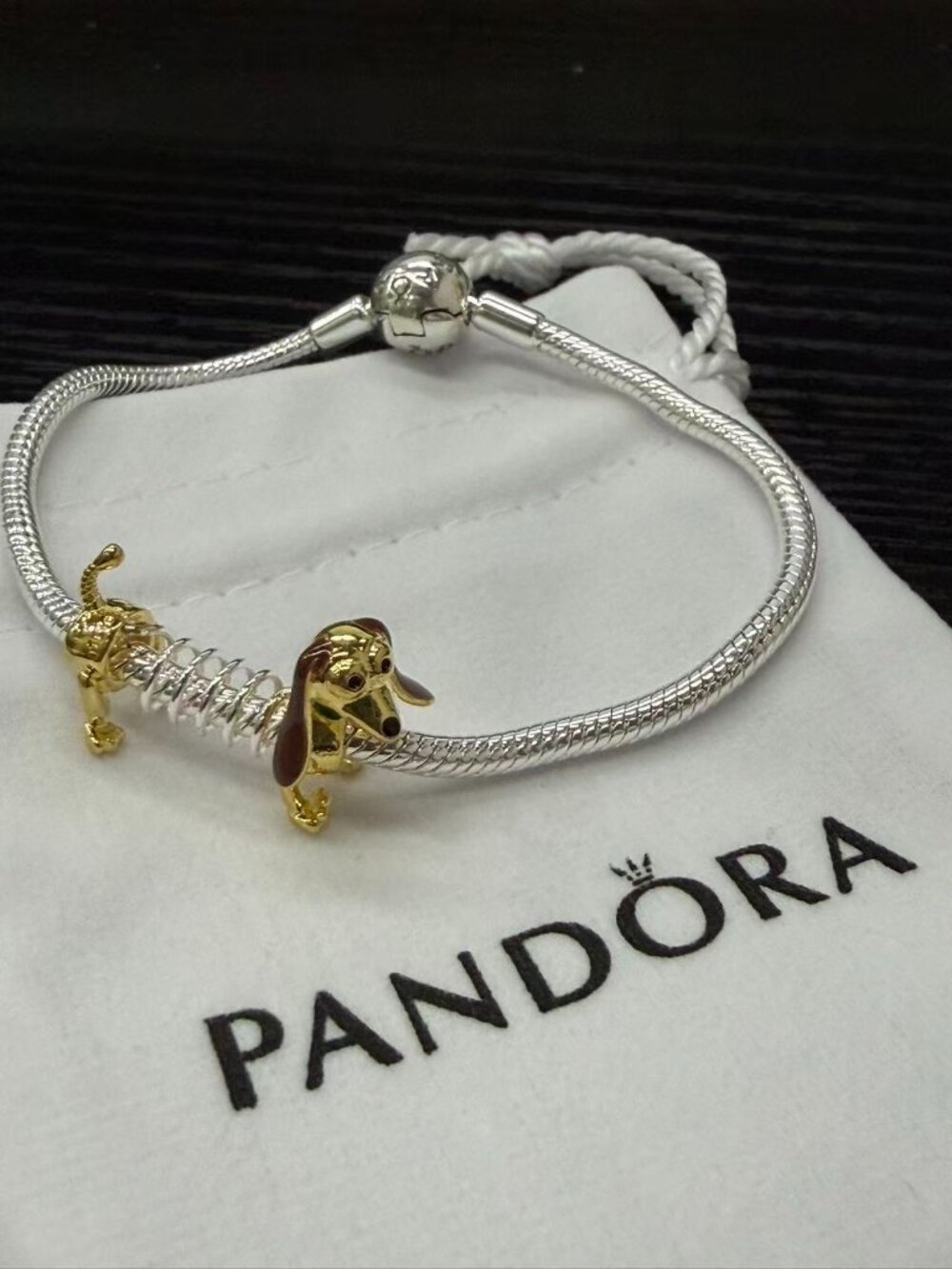 Pandora Two-Tone Dachshund Dog Bead Charm Snake Bracelet Set